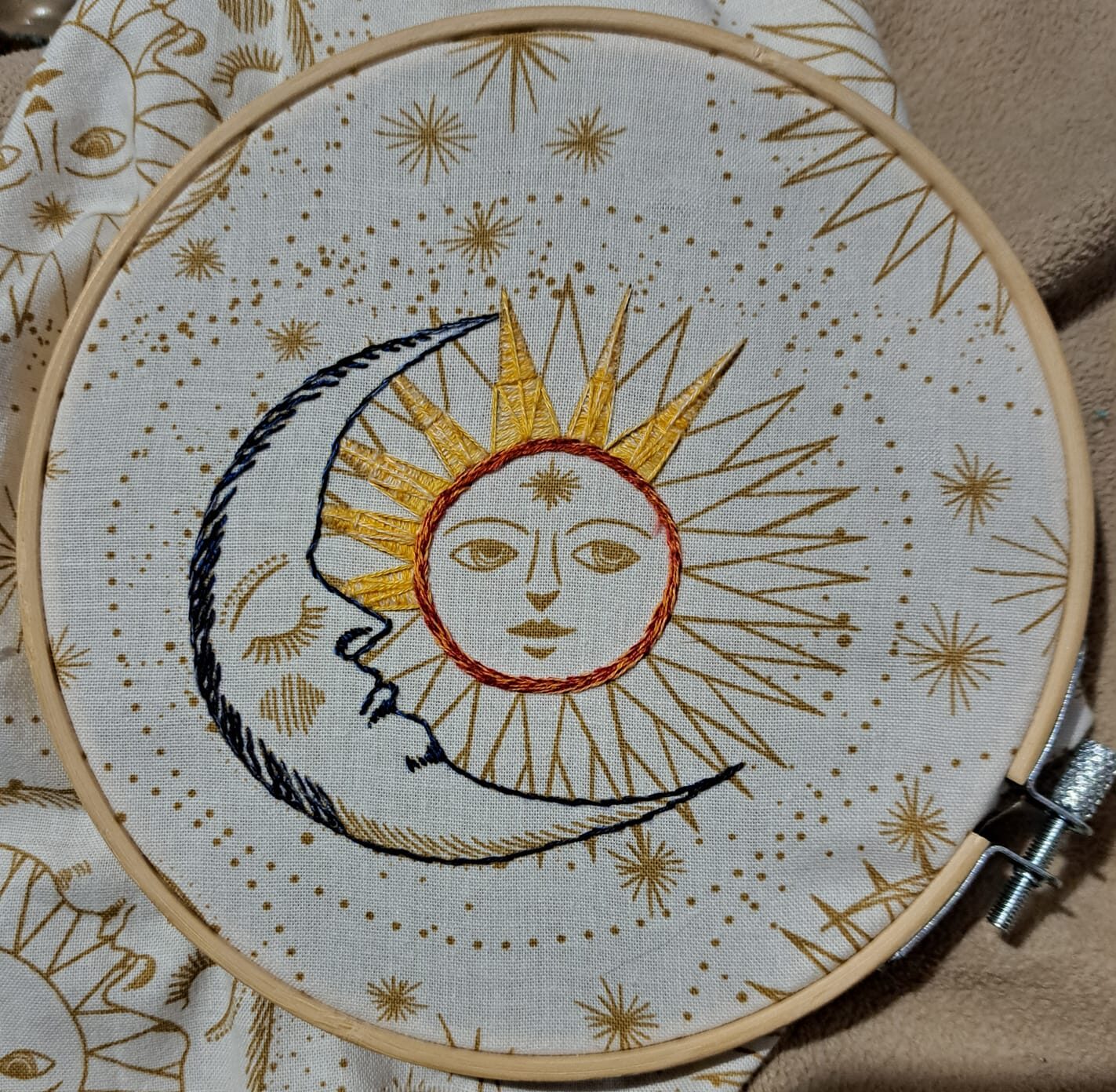 Embroidered Sun and Moon using Printed Fabric